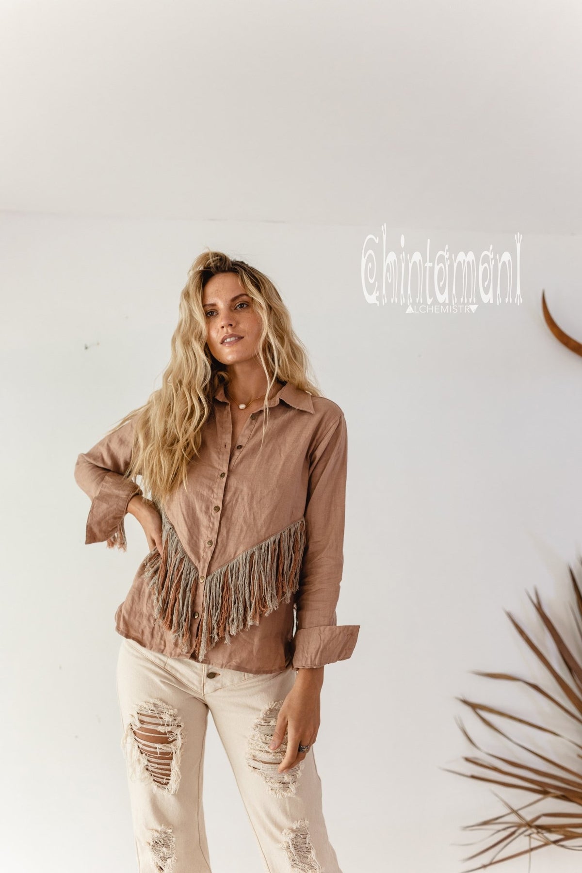 Linen Boho Button Shirt with Fringes / Dusty Pink - ChintamaniAlchemi