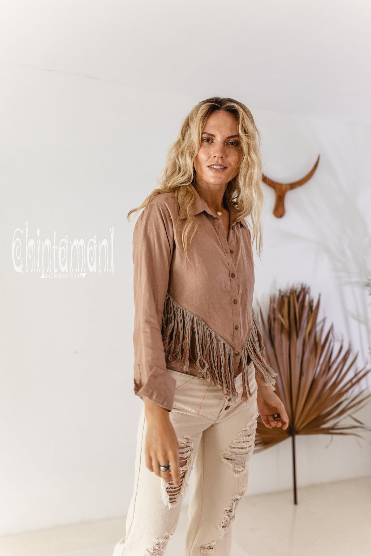 Linen Boho Button Shirt with Fringes / Dusty Pink - ChintamaniAlchemi