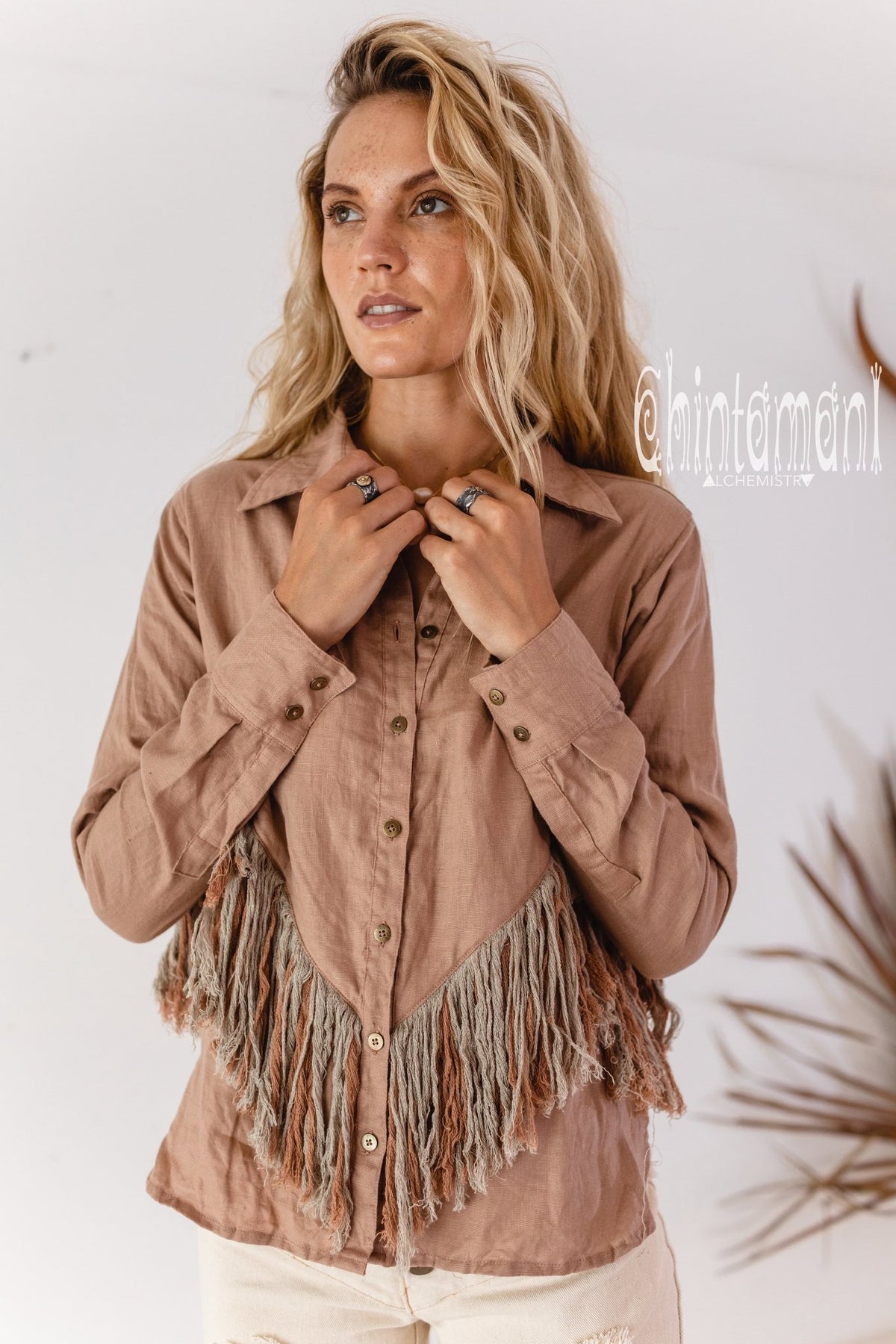 Linen Boho Button Shirt with Fringes / Dusty Pink - ChintamaniAlchemi