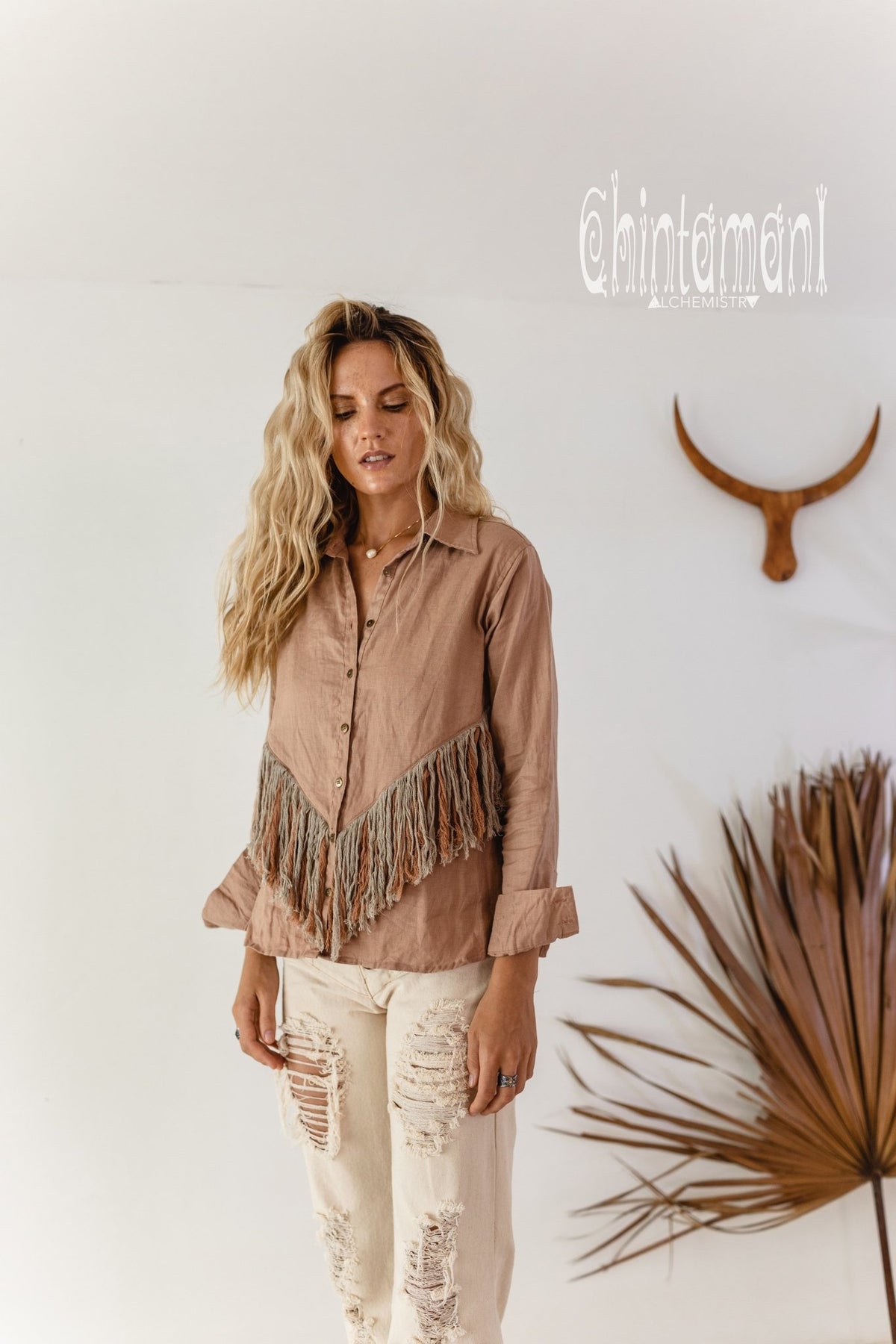 Linen Boho Button Shirt with Fringes / Dusty Pink - ChintamaniAlchemi