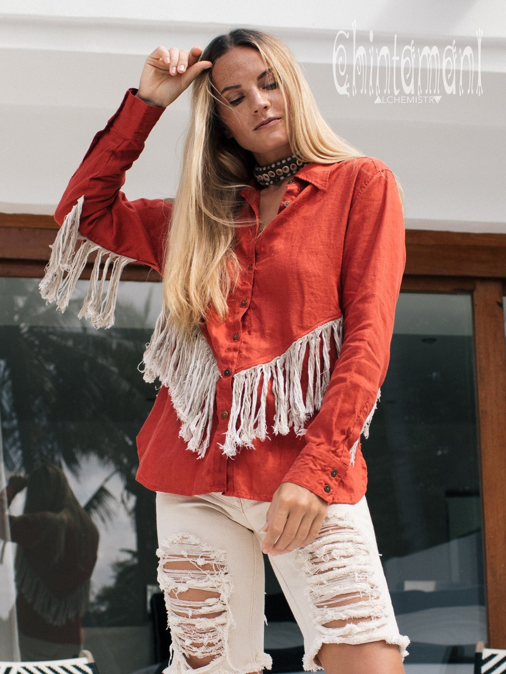 Linen Boho Button Shirt with Fringes / Red Ochre - ChintamaniAlchemi