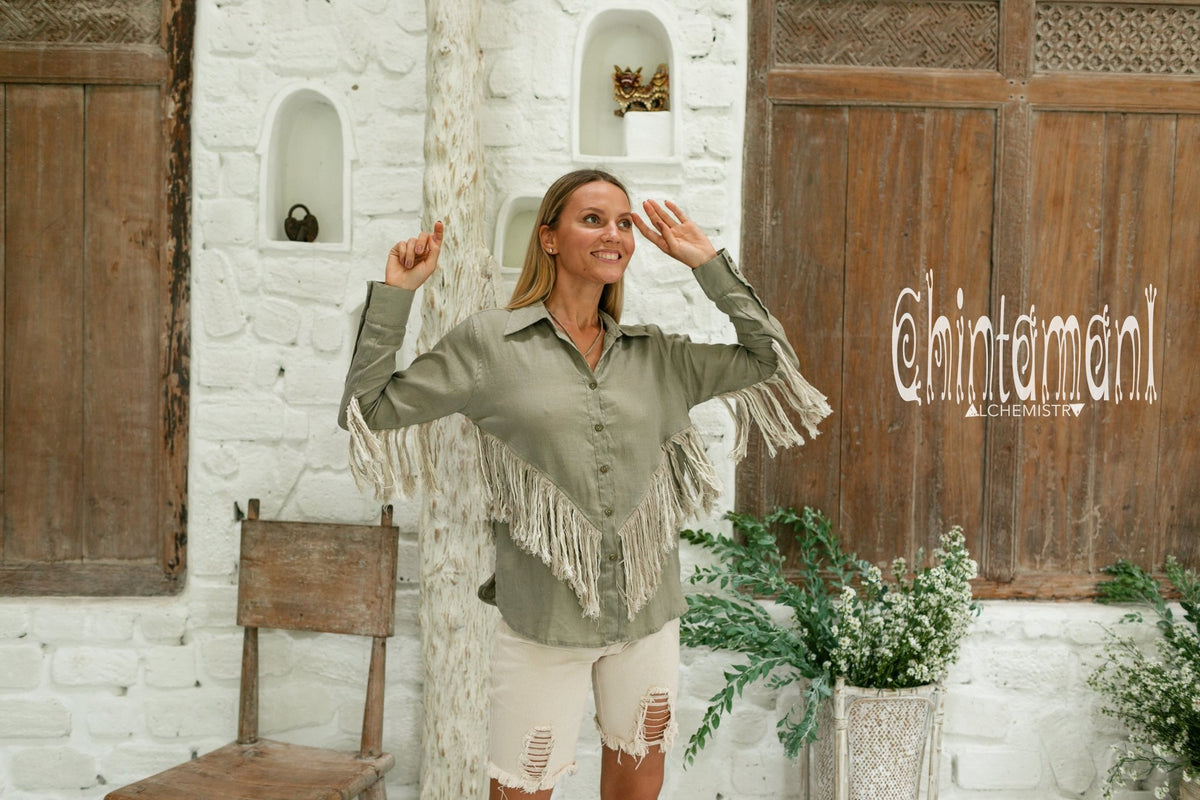 Linen Boho Button Shirt with Fringes / Sage Green - ChintamaniAlchemi