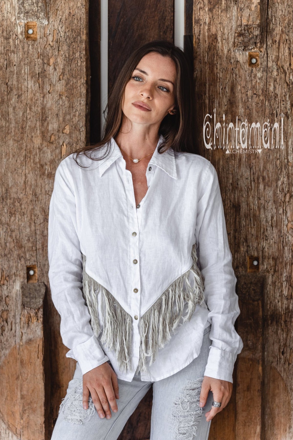 Linen Boho Button Shirt with Fringes / White - ChintamaniAlchemi