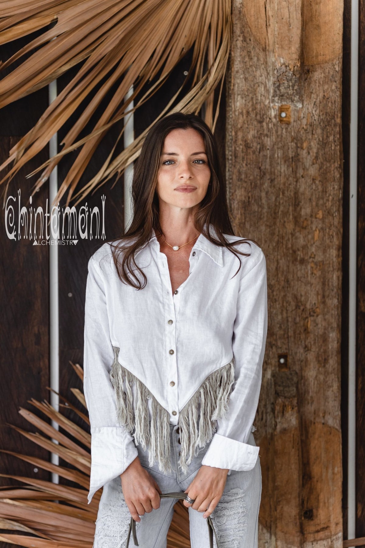 Linen Boho Button Shirt with Fringes / White - ChintamaniAlchemi