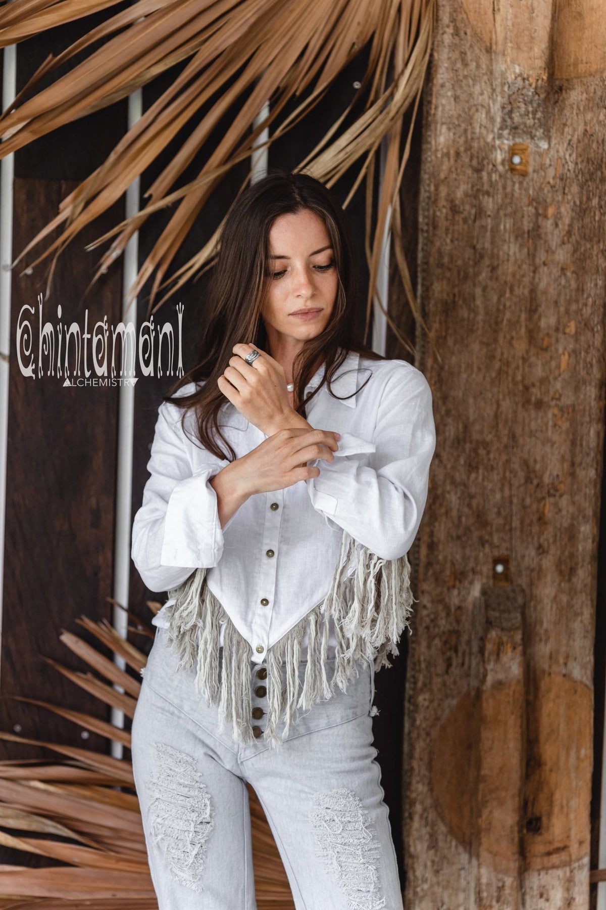 Linen Boho Button Shirt with Fringes / White - ChintamaniAlchemi