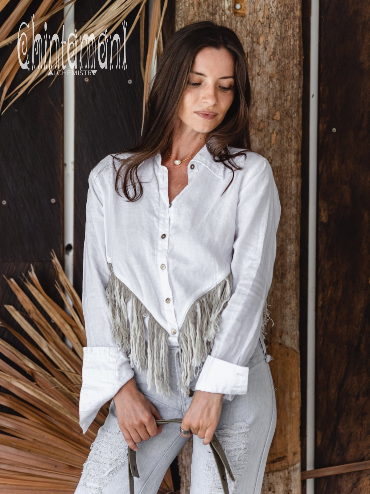 Linen Boho Button Shirt with Fringes / White - ChintamaniAlchemi