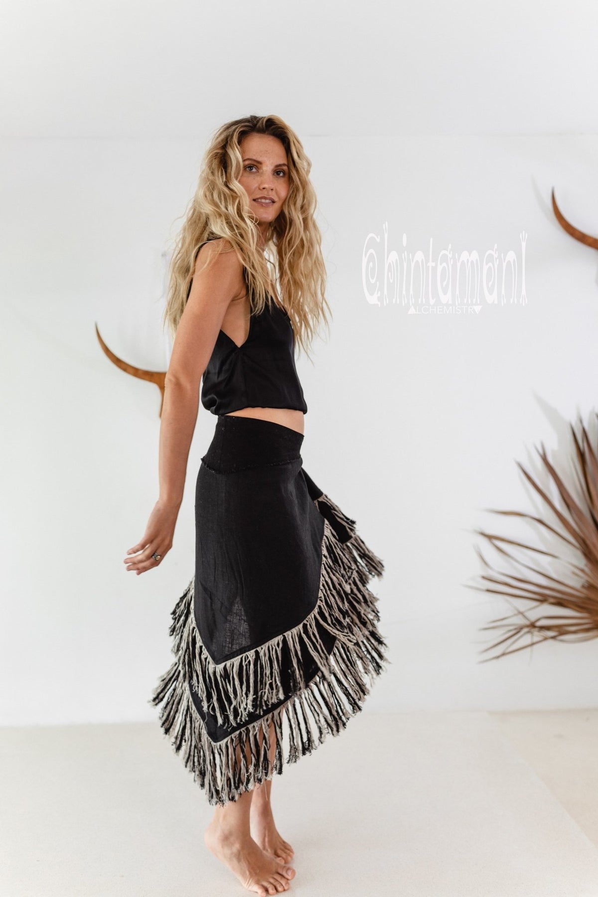 Linen Boho Wrap Skirt with Fringes / Black - ChintamaniAlchemi