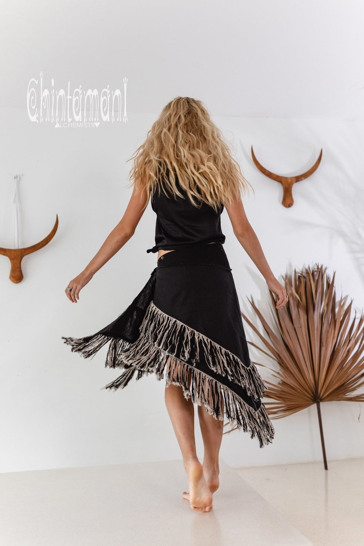 Linen Boho Wrap Skirt with Fringes / Black - ChintamaniAlchemi