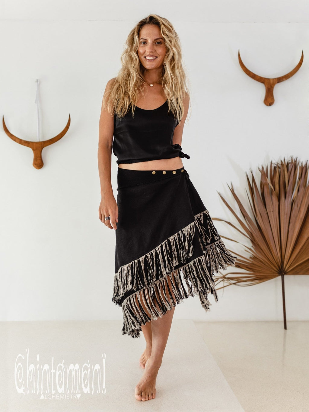 Linen Boho Wrap Skirt with Fringes / Black - ChintamaniAlchemi