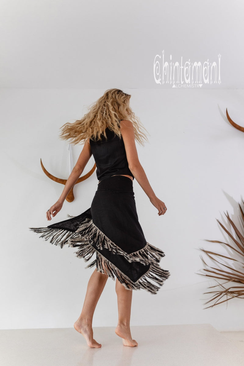 Linen Boho Wrap Skirt with Fringes / Black - ChintamaniAlchemi