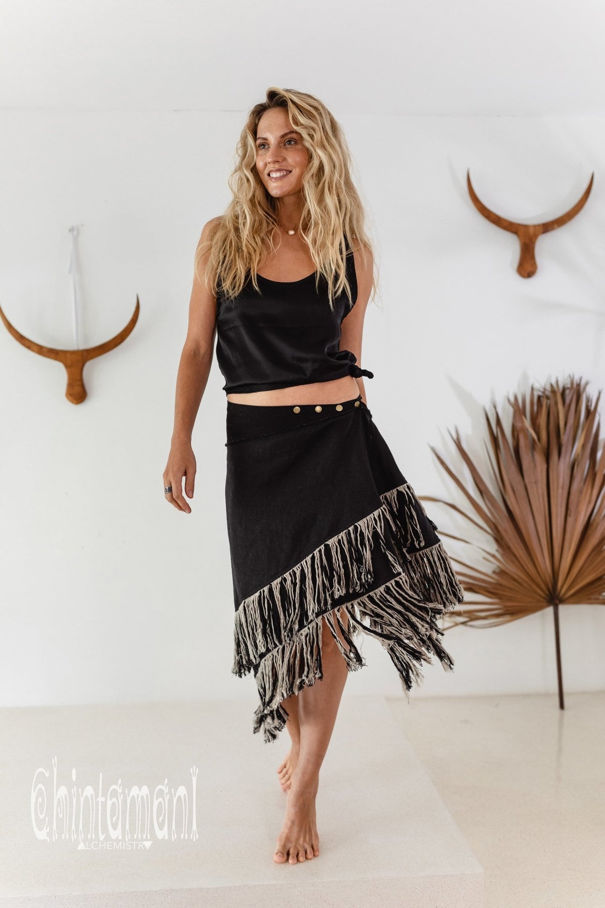 Linen Boho Wrap Skirt with Fringes / Black - ChintamaniAlchemi