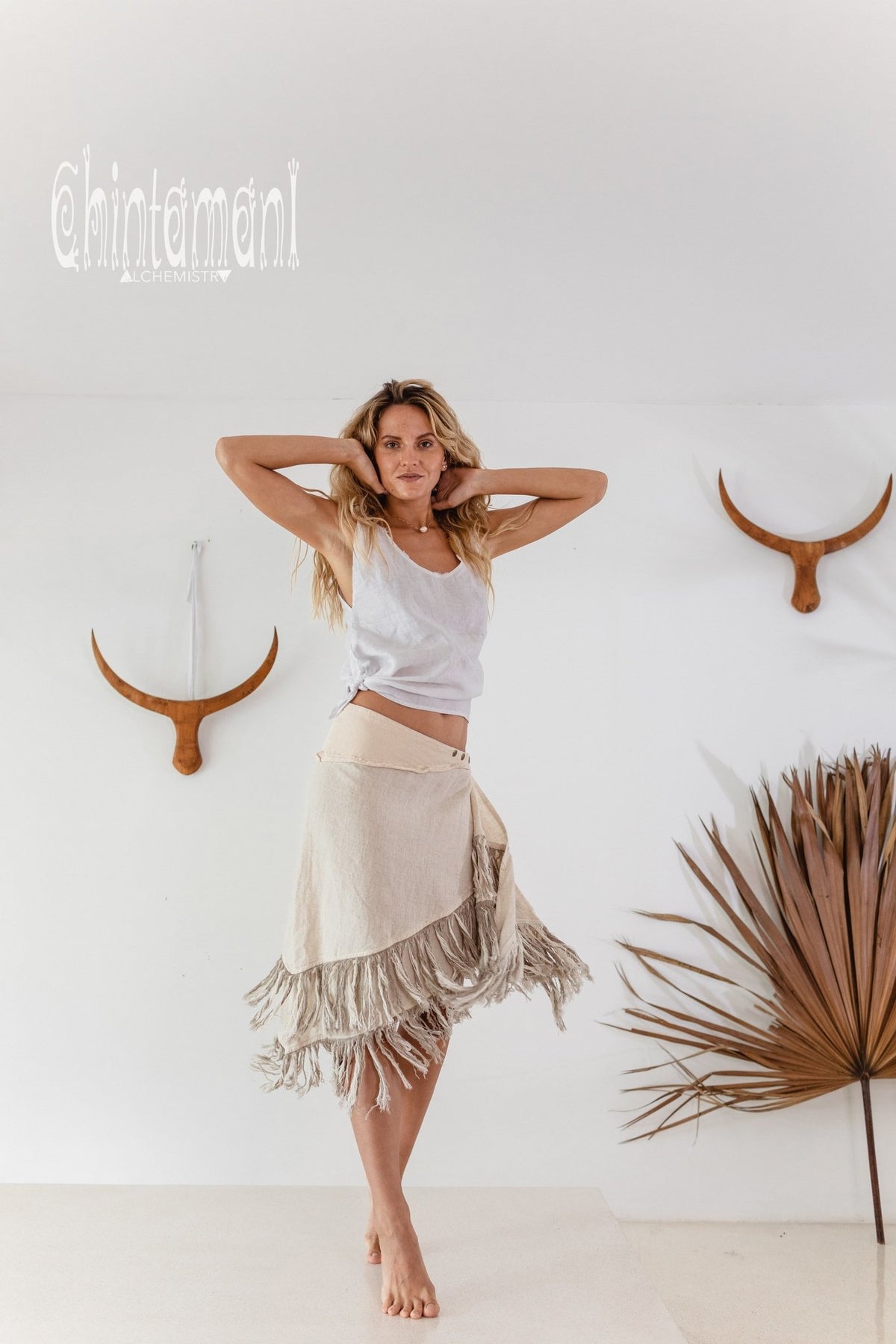 Linen Boho Wrap Skirt with Fringes / Cream - ChintamaniAlchemi