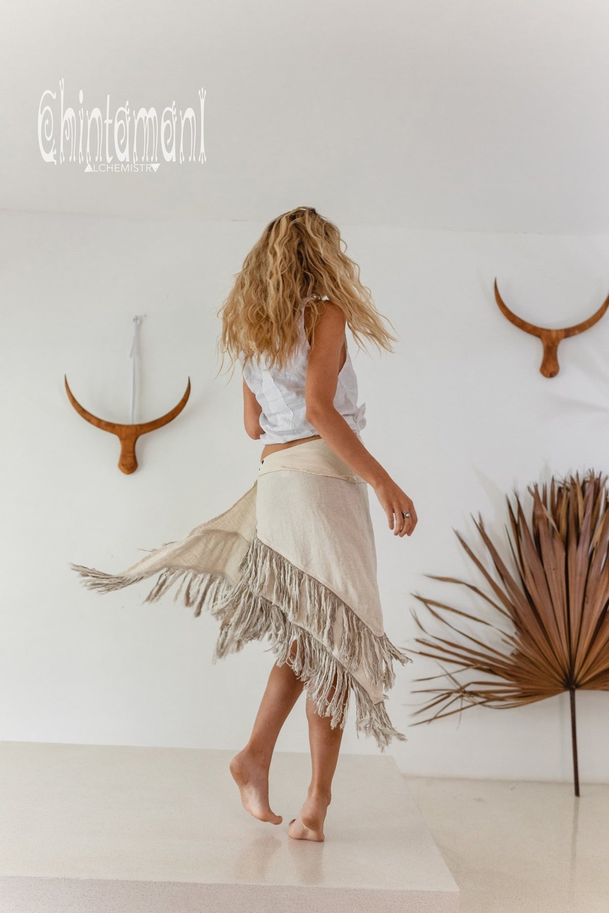 Linen Boho Wrap Skirt with Fringes / Cream - ChintamaniAlchemi