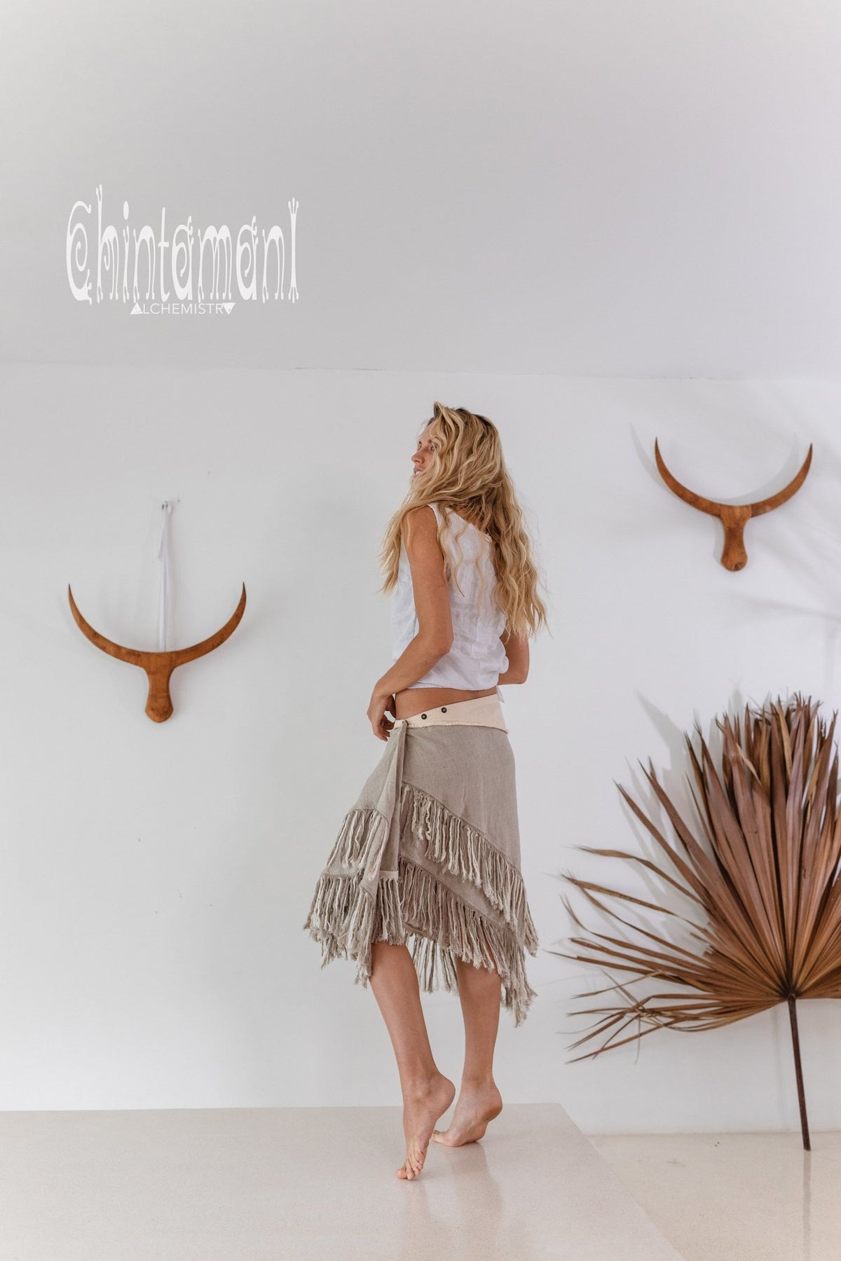 Linen Boho Wrap Skirt with Fringes / Natural Gray - ChintamaniAlchemi