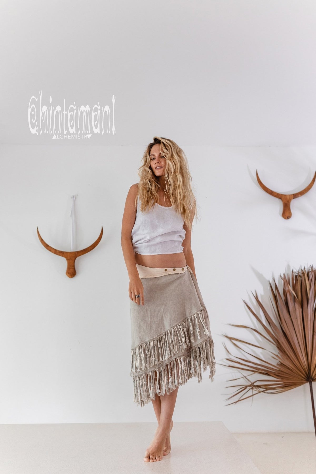 Linen Boho Wrap Skirt with Fringes / Natural Gray - ChintamaniAlchemi