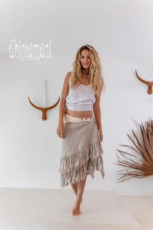 Linen Boho Wrap Skirt with Fringes / Natural Gray - ChintamaniAlchemi