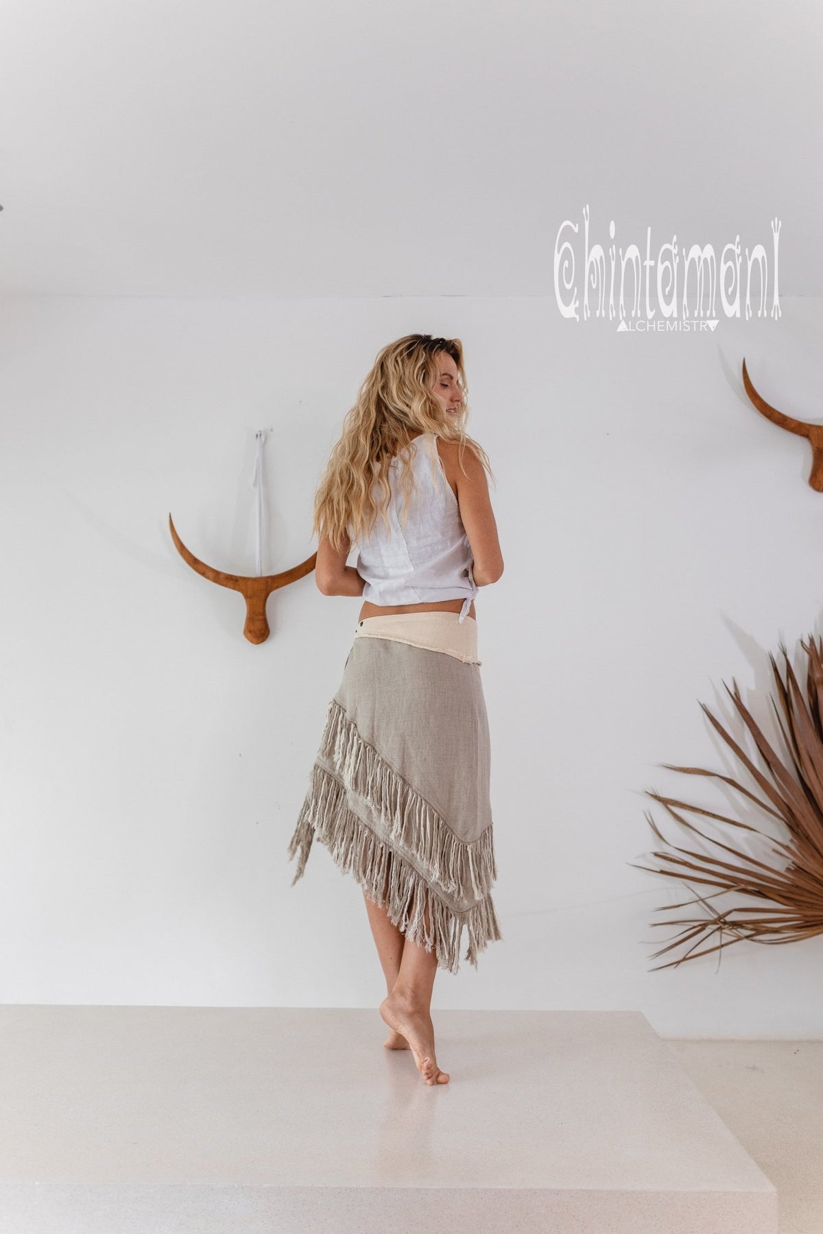 Linen Boho Wrap Skirt with Fringes / Natural Gray - ChintamaniAlchemi