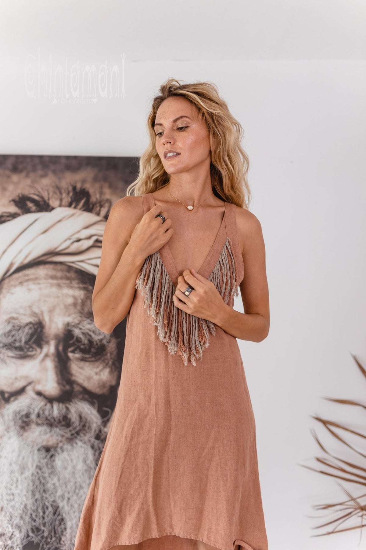 Linen Fringe Boho Dress for Women / Dusty Rose - ChintamaniAlchemi