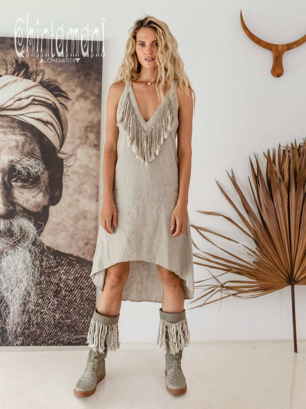 Linen Fringe Boho Dress for Women / Natural Grey - ChintamaniAlchemi