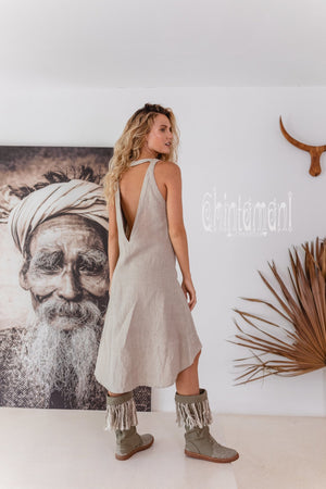 Linen Fringe Boho Dress for Women / Natural Grey - ChintamaniAlchemi