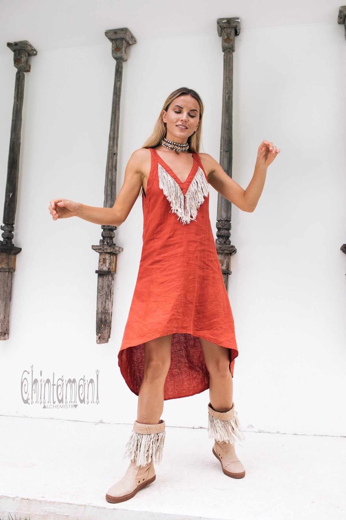 Linen Fringe Boho Dress for Women / Red Ochre - ChintamaniAlchemi