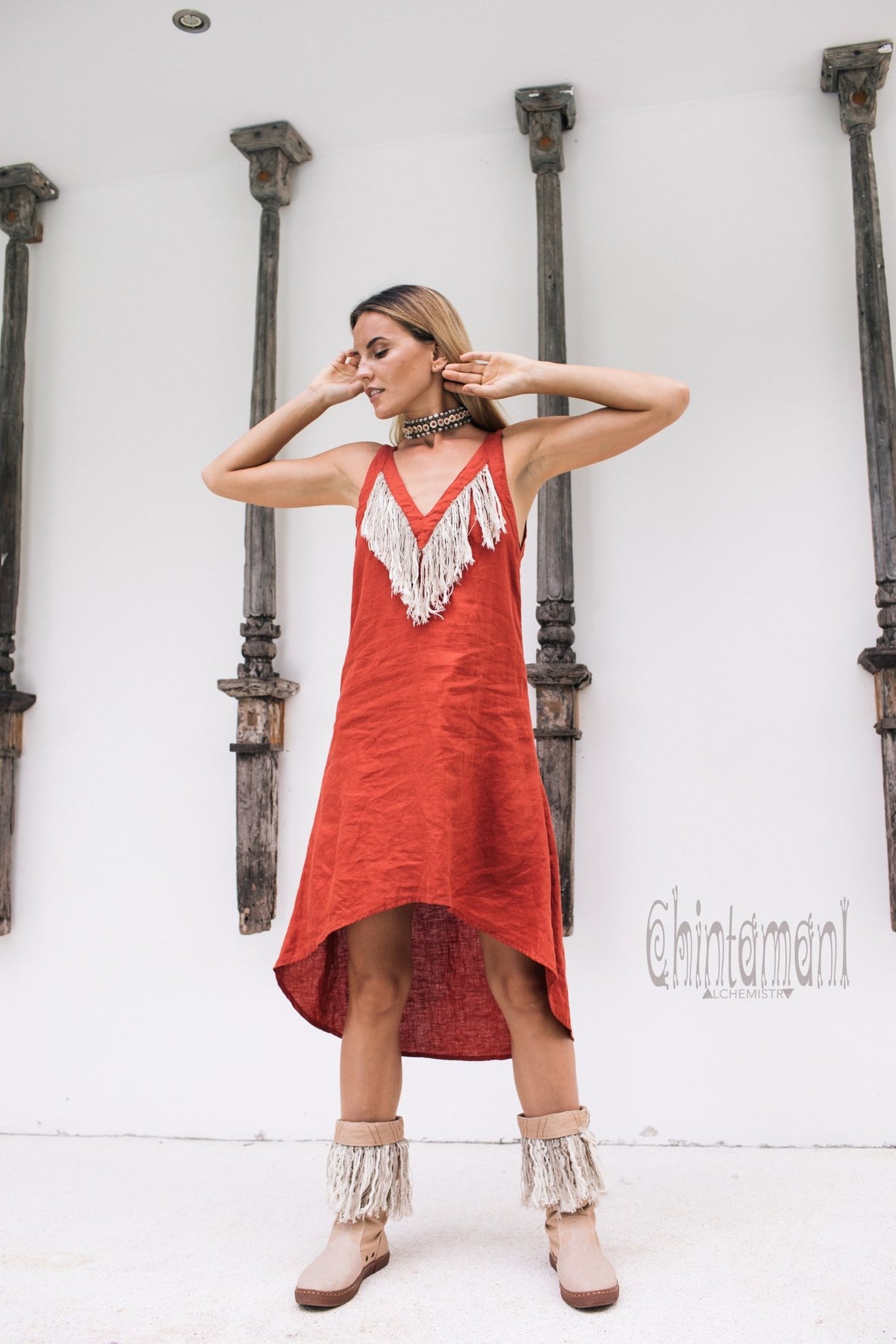 Linen Fringe Boho Dress for Women / Red Ochre - ChintamaniAlchemi