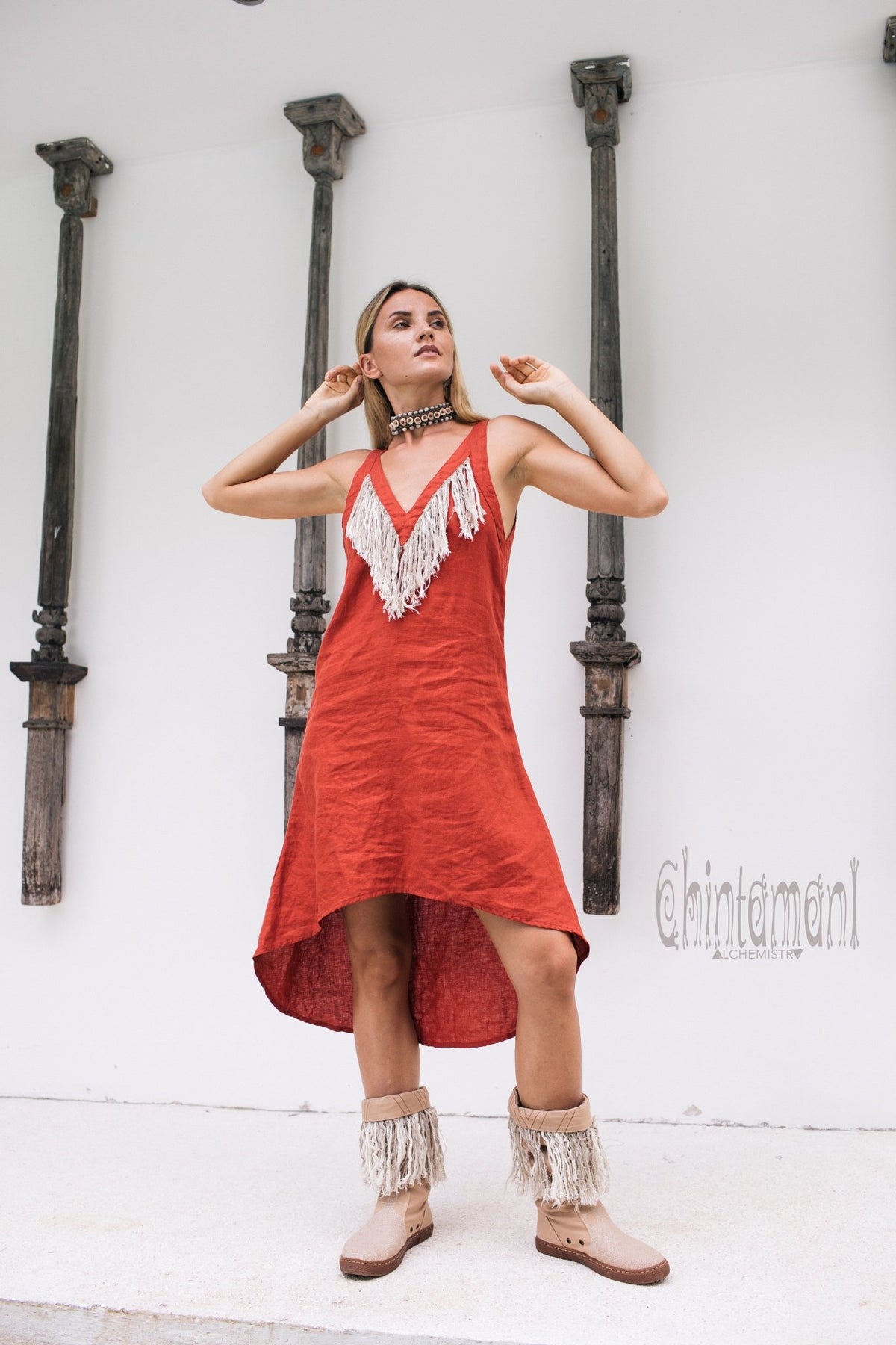 Linen Fringe Boho Dress for Women / Red Ochre - ChintamaniAlchemi