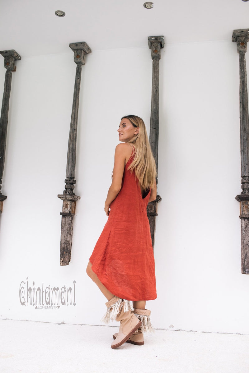 Linen Fringe Boho Dress for Women / Red Ochre - ChintamaniAlchemi