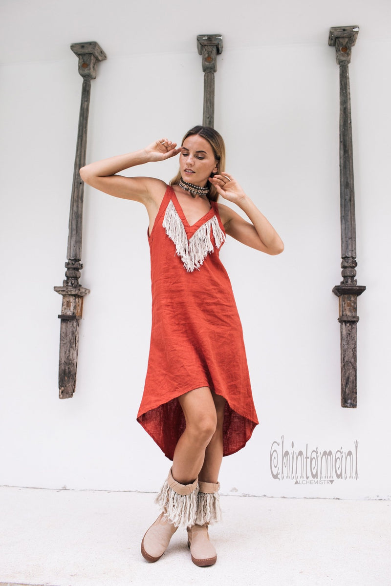 Linen Fringe Boho Dress for Women / Red Ochre - ChintamaniAlchemi