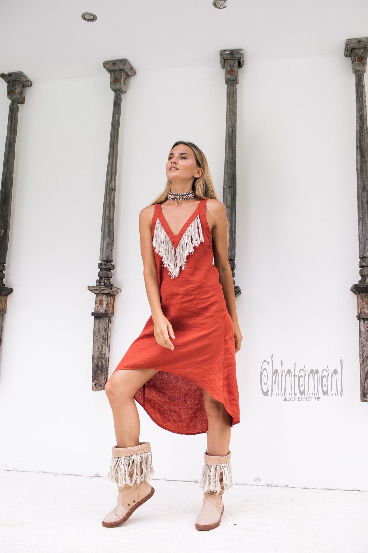 Linen Fringe Boho Dress for Women / Red Ochre - ChintamaniAlchemi