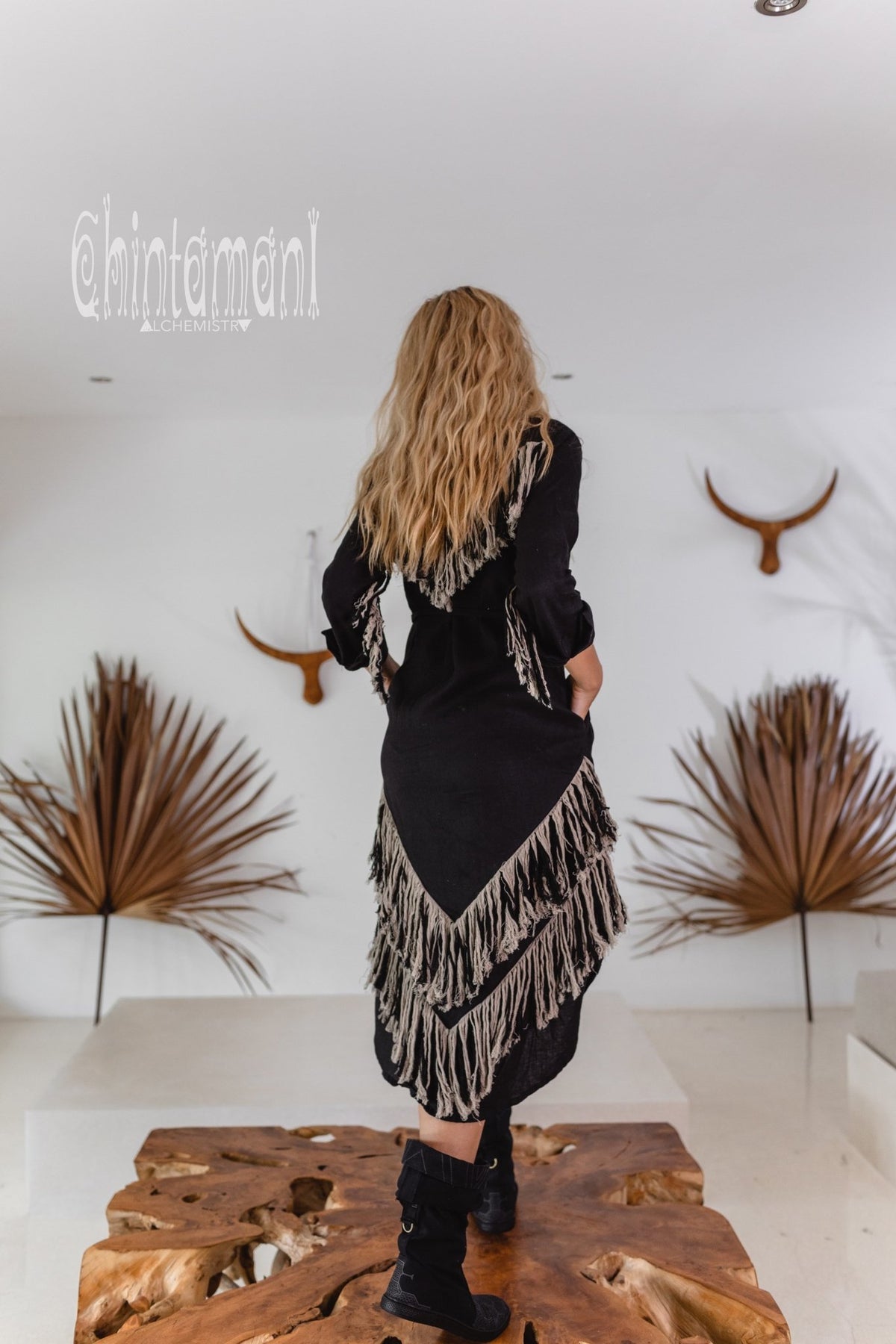 Linen Fringe Boho Shirt Dress for Women / Black - ChintamaniAlchemi