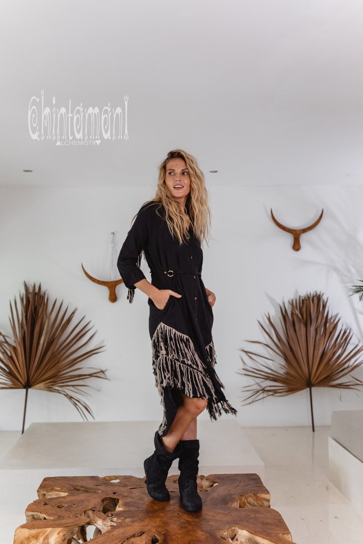 Linen Fringe Boho Shirt Dress for Women / Black - ChintamaniAlchemi