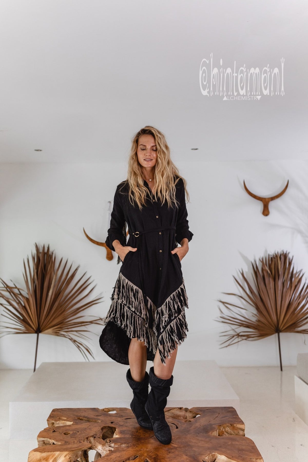 Linen Fringe Boho Shirt Dress for Women / Black - ChintamaniAlchemi