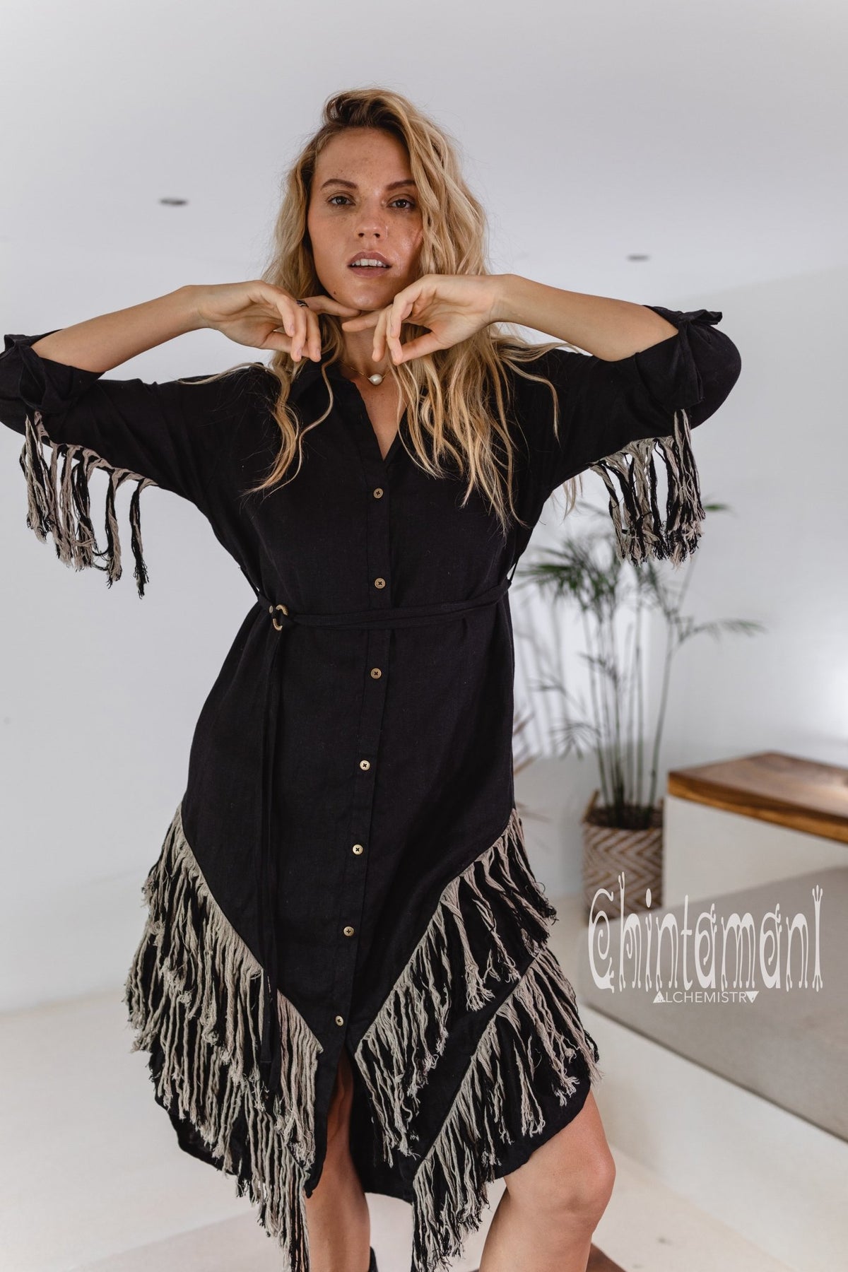 Linen Fringe Boho Shirt Dress for Women / Black - ChintamaniAlchemi