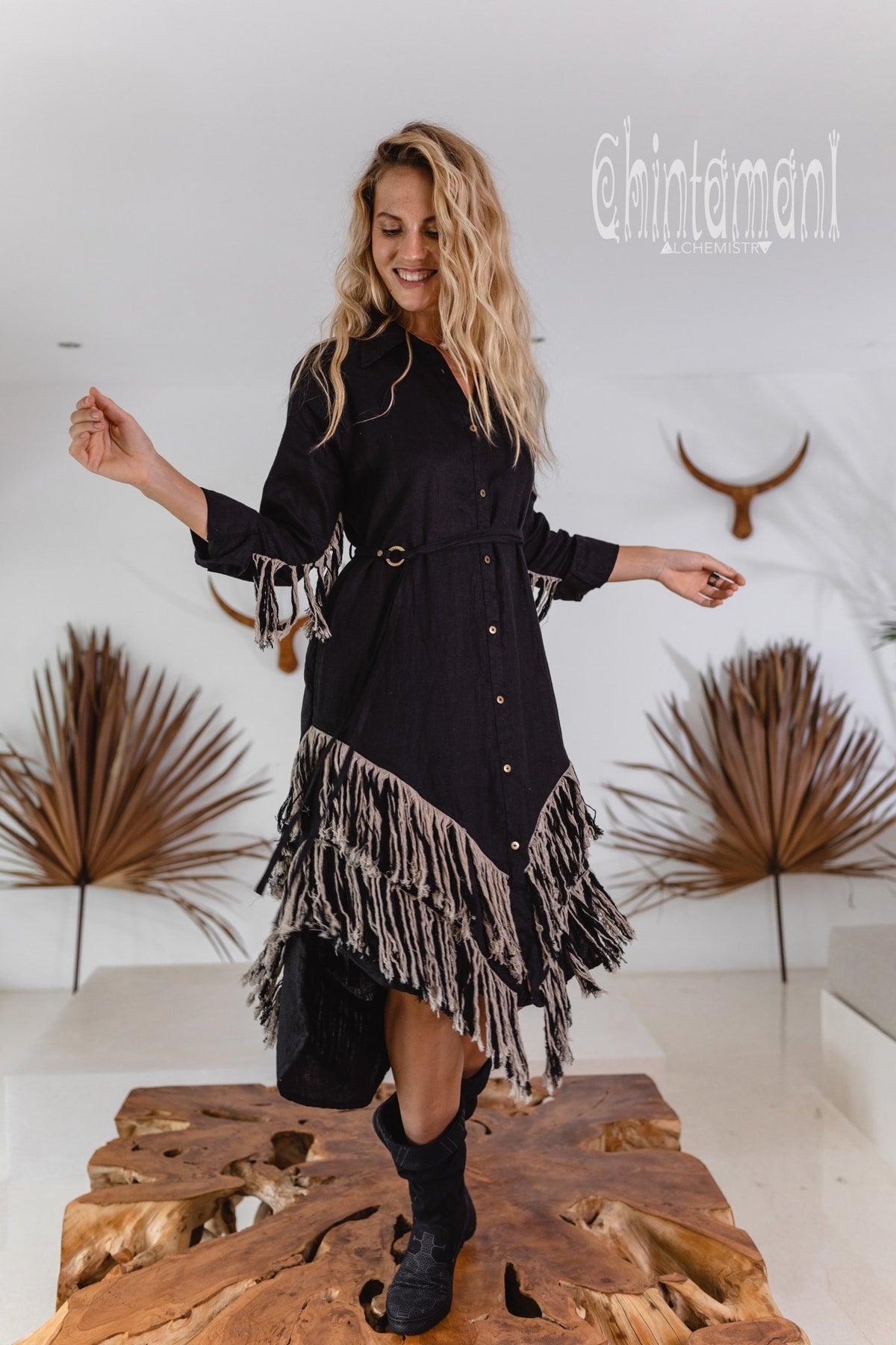 Linen Fringe Boho Shirt Dress for Women / Black - ChintamaniAlchemi