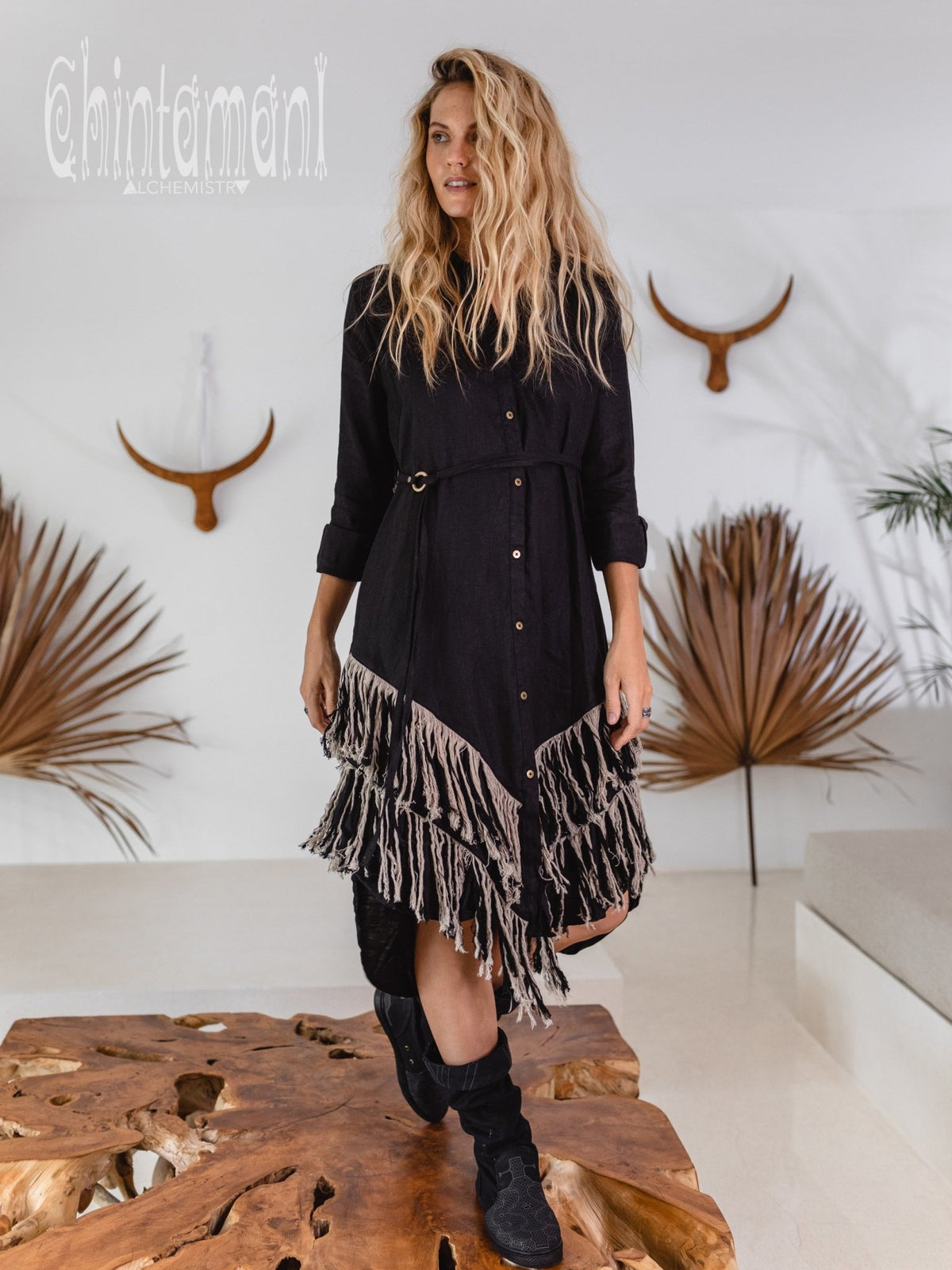 Linen Fringe Boho Shirt Dress for Women Black ChintamaniAlchemi