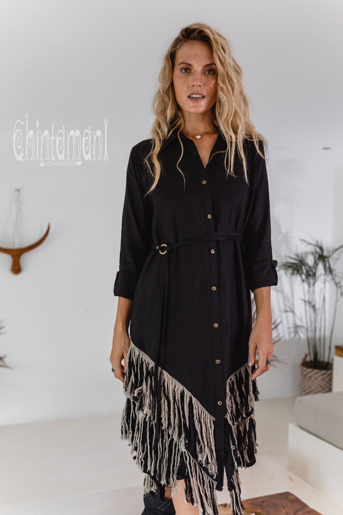 Linen Fringe Boho Shirt Dress for Women / Black - ChintamaniAlchemi