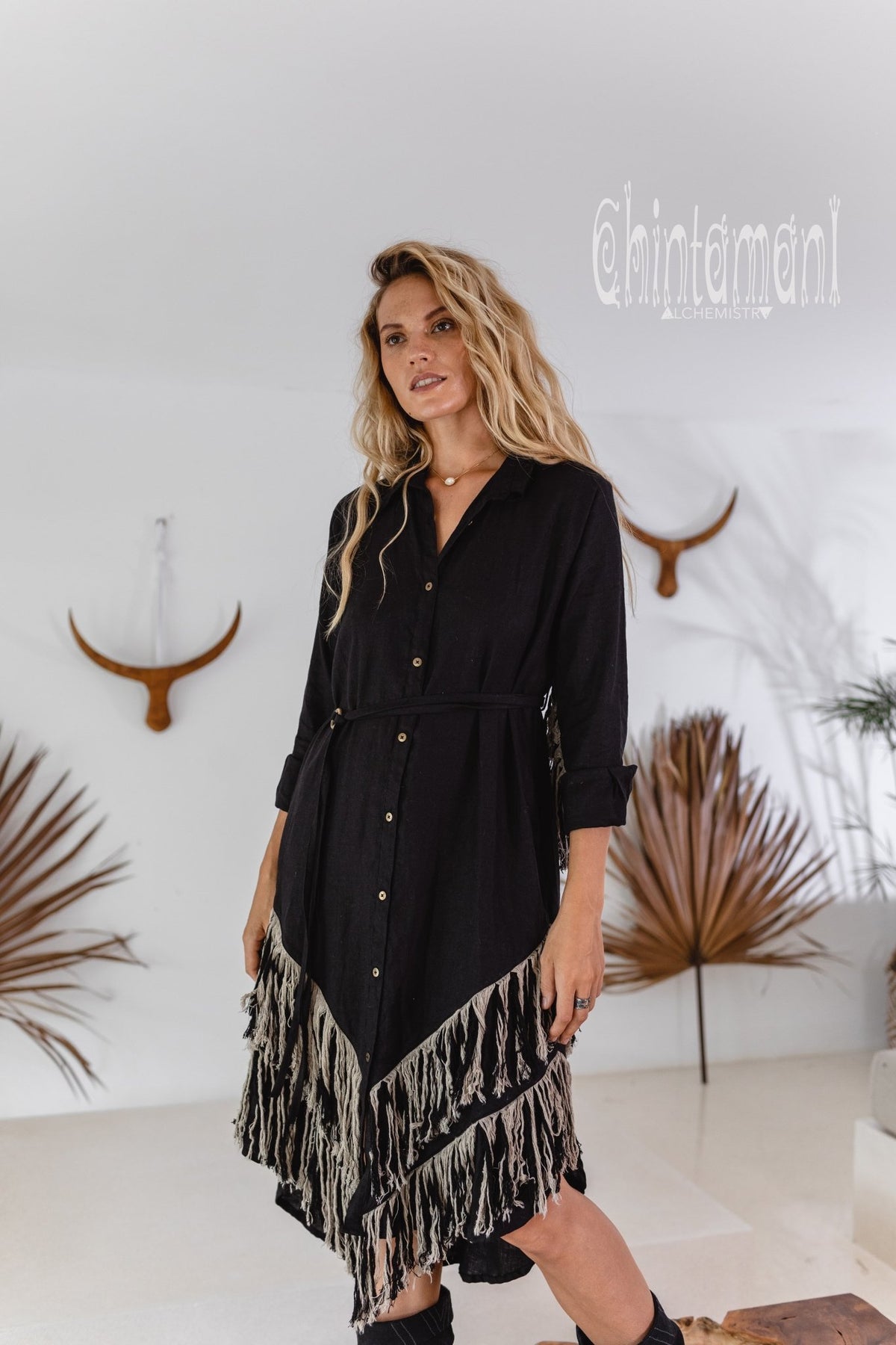 Linen Fringe Boho Shirt Dress for Women / Black - ChintamaniAlchemi