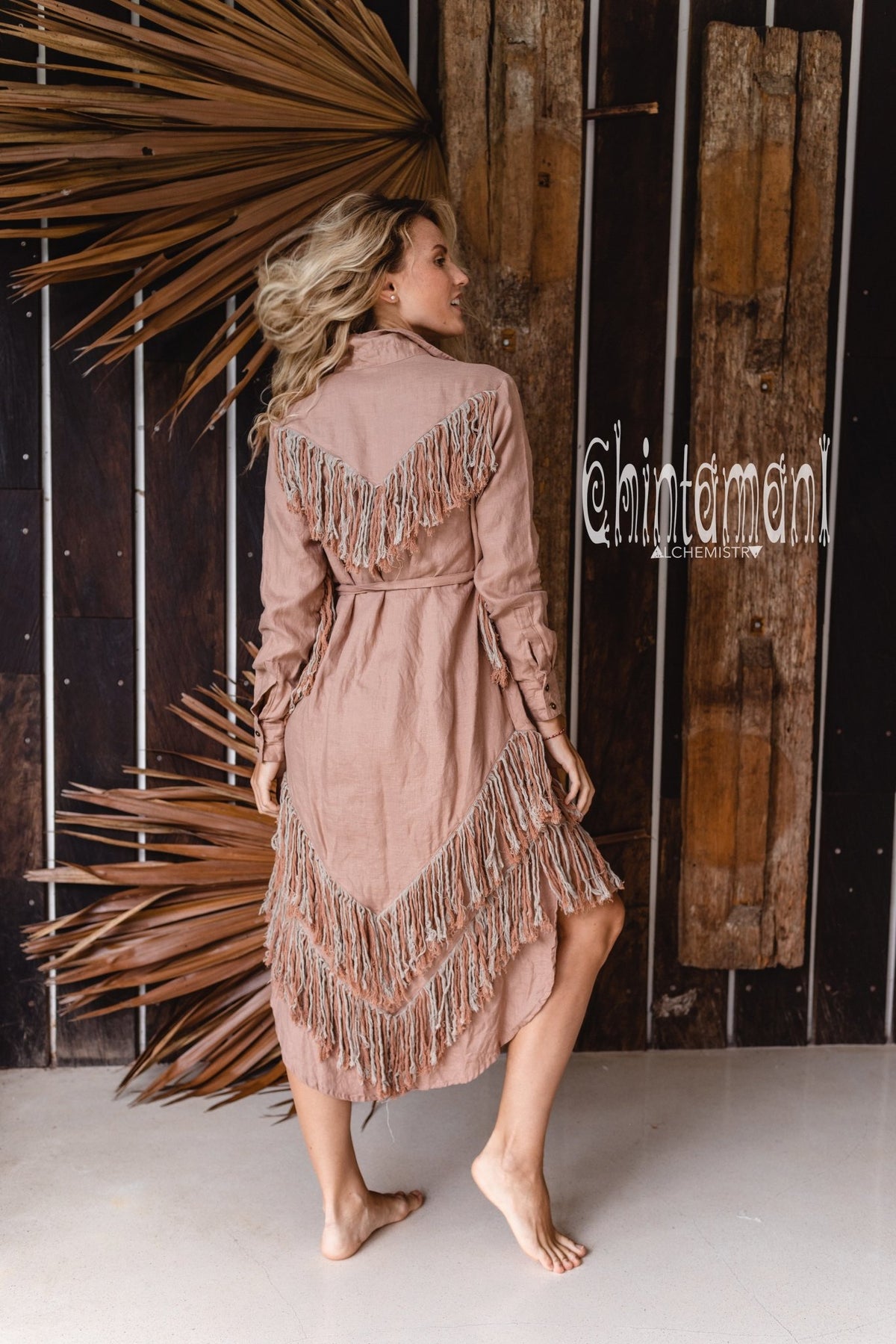 Linen Fringe Boho Shirt Dress for Women / Dusty Pink - ChintamaniAlchemi