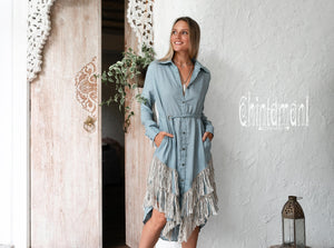 Linen Fringe Boho Shirt Dress for Women / Light Blue