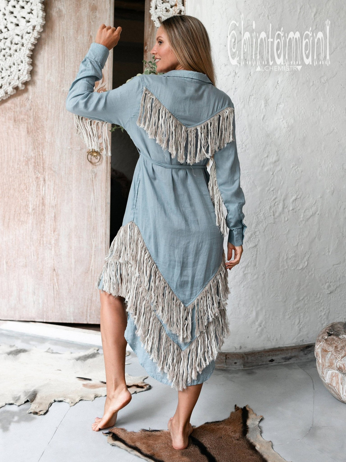 Linen Fringe Boho Shirt Dress for Women / Light Blue - ChintamaniAlchemi