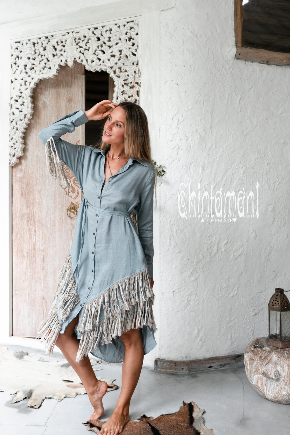 Linen Fringe Boho Shirt Dress for Women / Light Blue - ChintamaniAlchemi