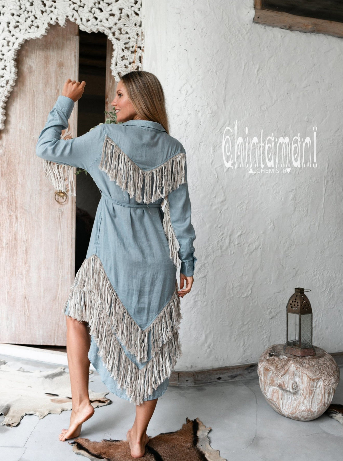 Linen Fringe Boho Shirt Dress for Women / Light Blue - ChintamaniAlchemi