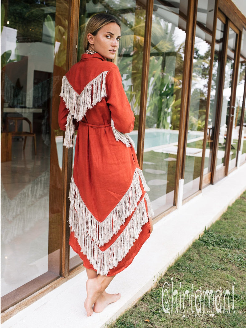 Linen Fringe Boho Shirt Dress for Women / Red Ochre - ChintamaniAlchemi