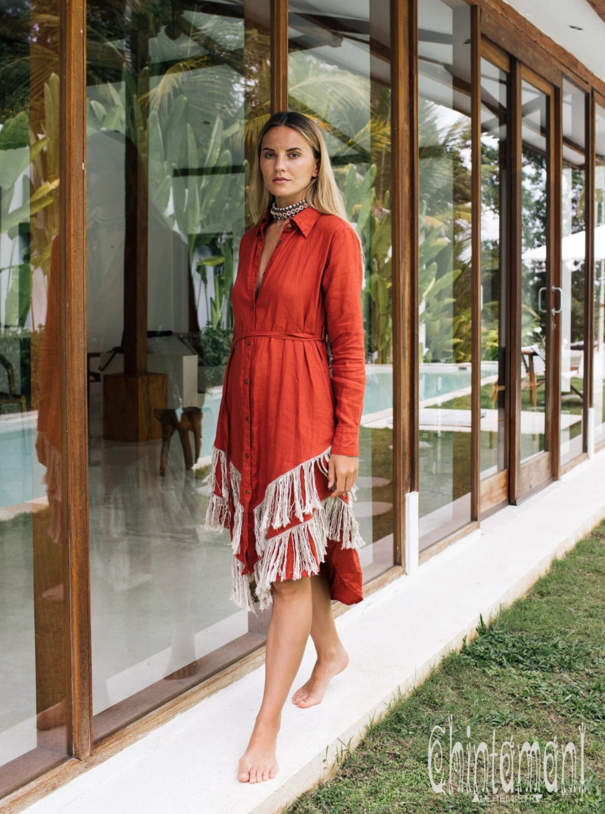 Linen Fringe Boho Shirt Dress for Women / Red Ochre - ChintamaniAlchemi