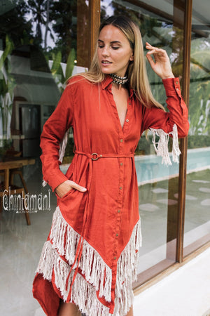 Linen Fringe Boho Shirt Dress for Women / Red Ochre - ChintamaniAlchemi