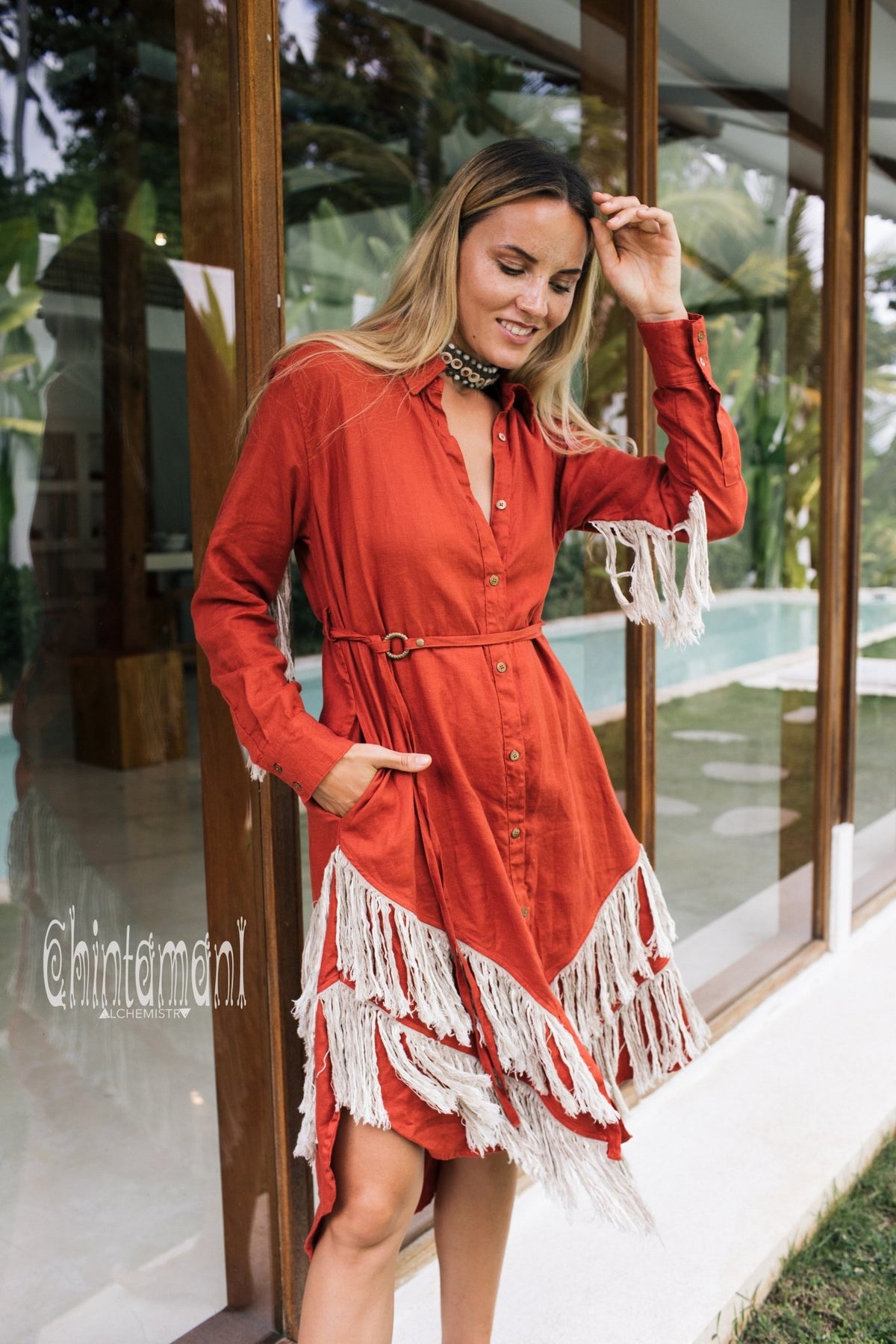 Linen Fringe Boho Shirt Dress for Women / Red Ochre - ChintamaniAlchemi