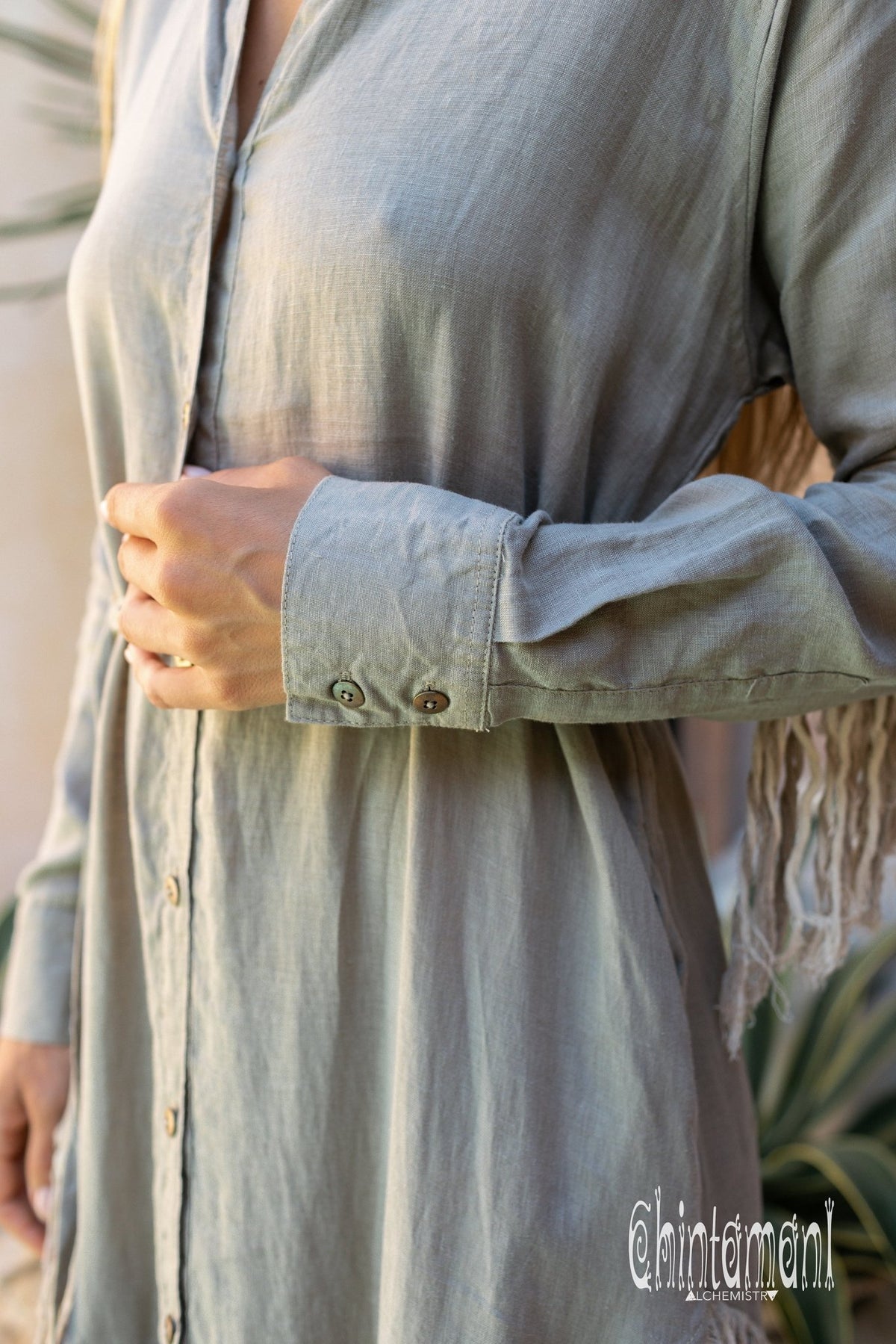 Linen Fringe Boho Shirt Dress for Women / Sage Green - ChintamaniAlchemi