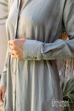 Linen Fringe Boho Shirt Dress for Women / Sage Green - ChintamaniAlchemi