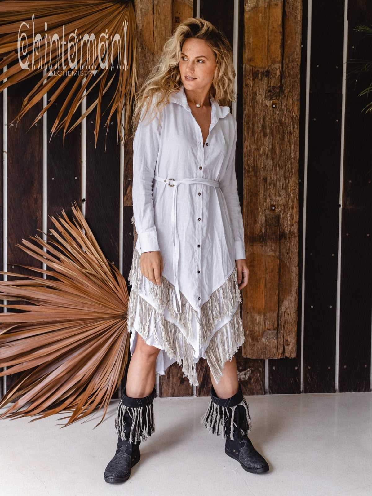 Linen Fringe Boho Shirt Dress for Women / White - ChintamaniAlchemi